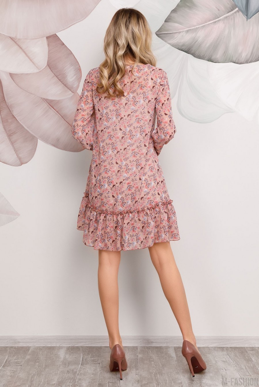 Розовое шифоновое комбинированное платье-трапеция- Фото 3