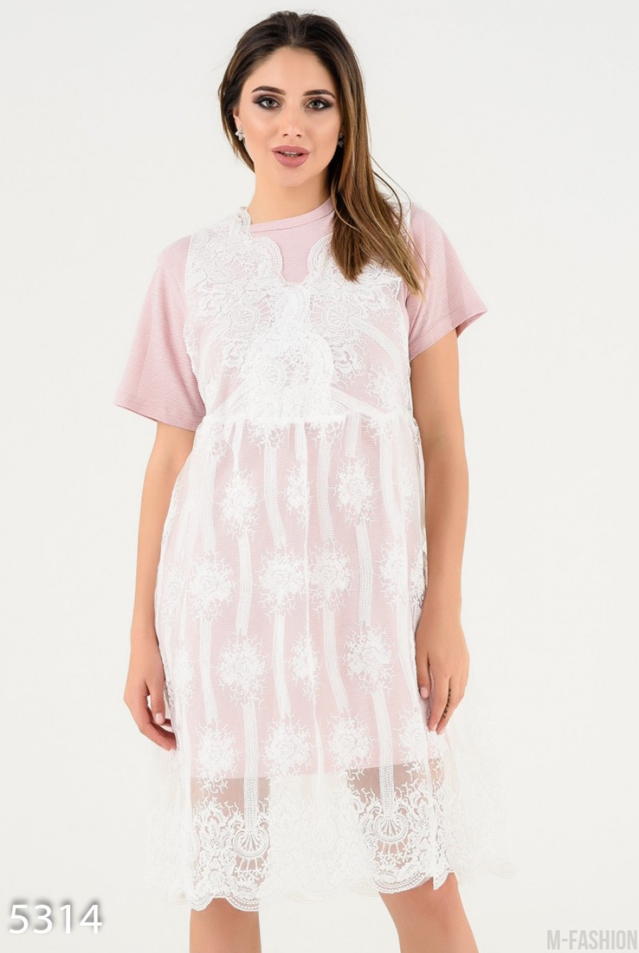 Сиреневое платье-футболка с верхним кружевным платьицем - Фото 1