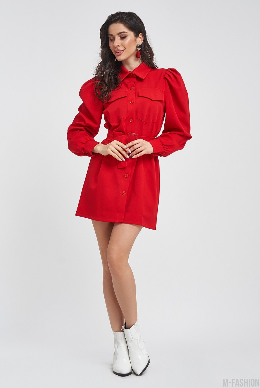 Красное платье-рубашка с присборенными рукавами - Фото 1