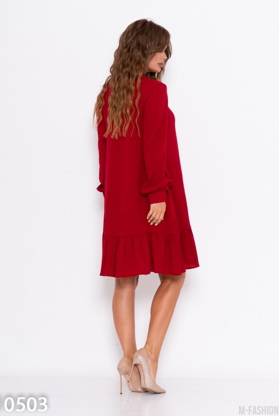Красное крепдешиновое платье с воланом- Фото 3
