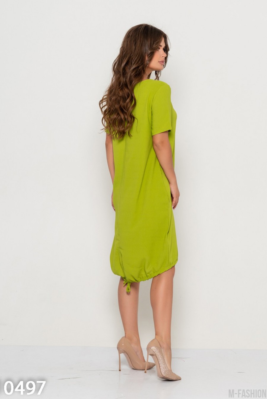 Оливковое асимметричное платье с кулиской- Фото 5