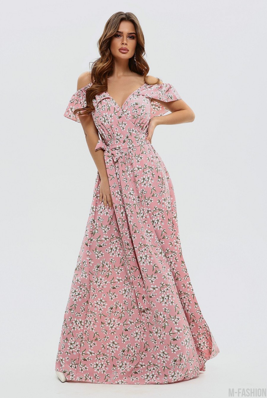 Розовое макси платье с открытыми плечами- Фото 2