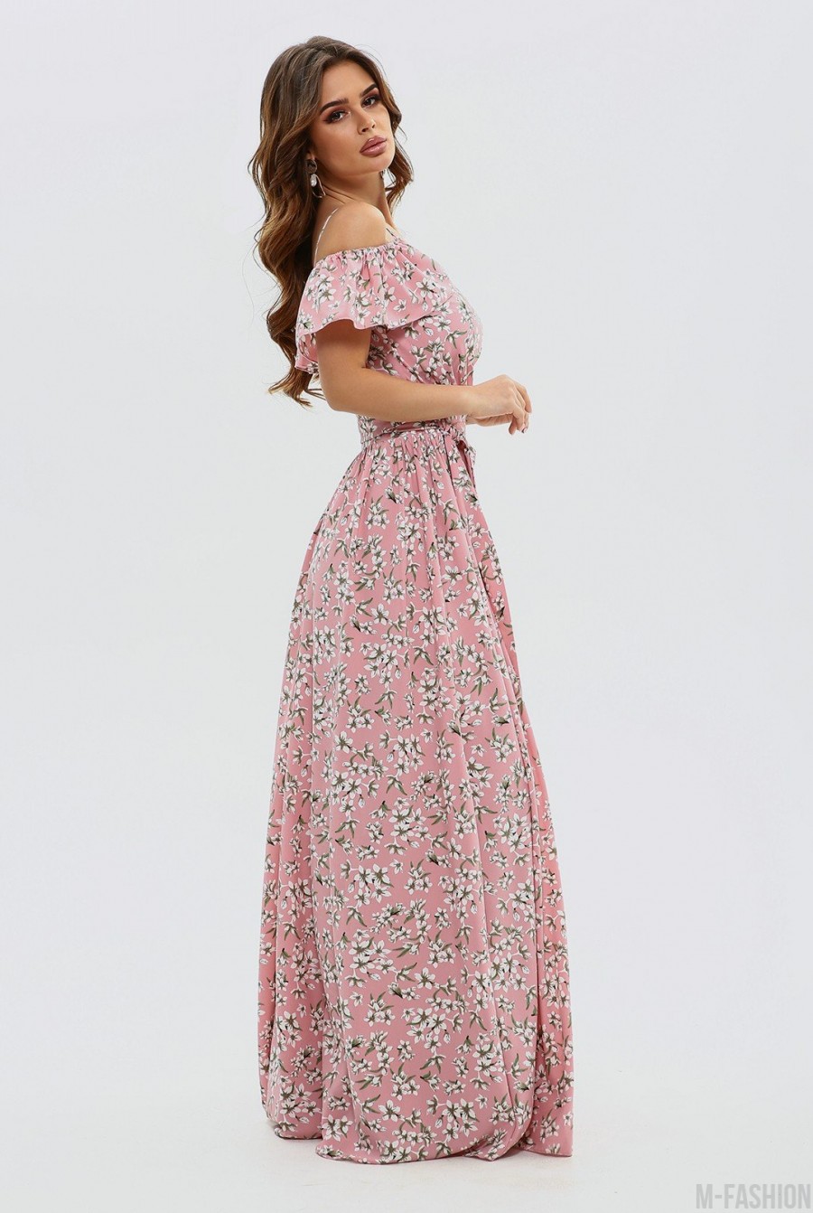 Розовое макси платье с открытыми плечами- Фото 3