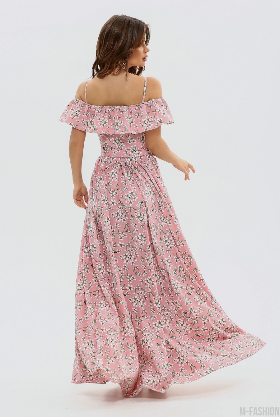 Розовое макси платье с открытыми плечами- Фото 4