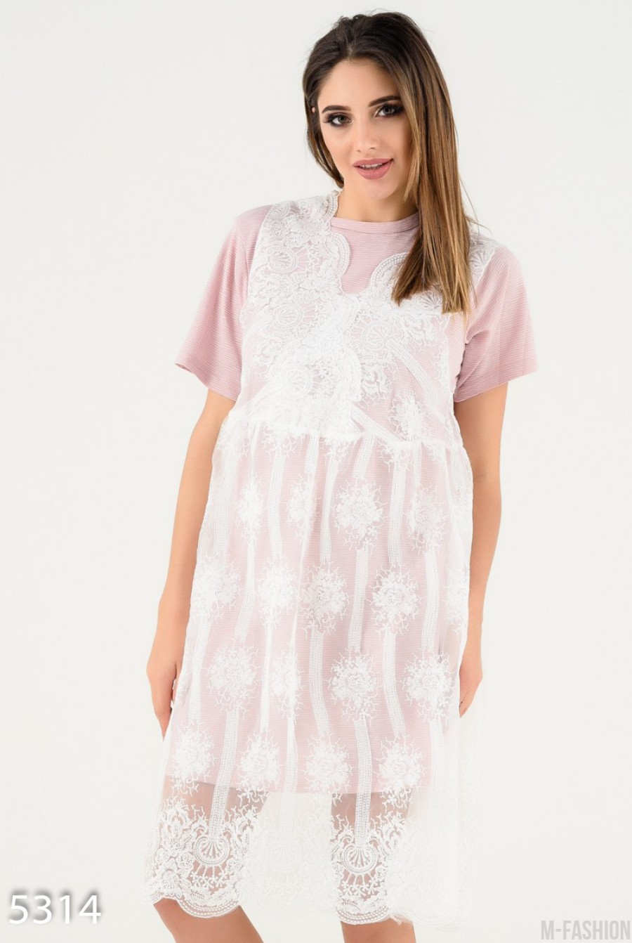 Сиреневое платье-футболка с верхним кружевным платьицем- Фото 2