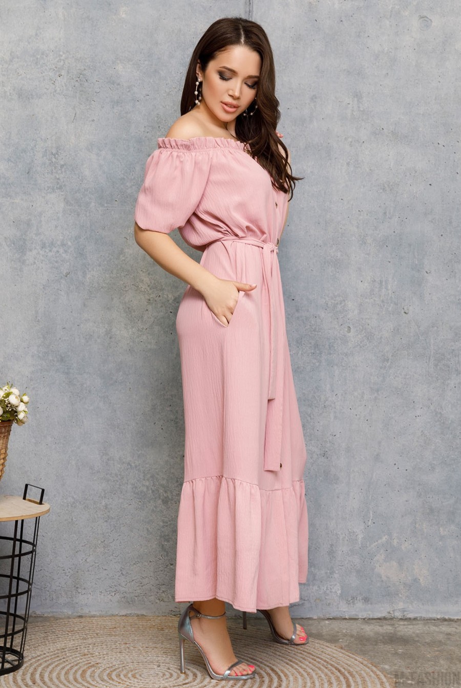 Розовое креповое платье на пуговицах с воланом- Фото 3