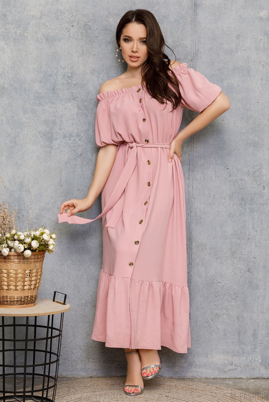 Розовое креповое платье на пуговицах с воланом - Фото 1