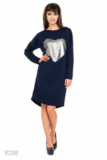 Свободное синее платье из двунити с вышивкой двусторонними матовыми пайетками