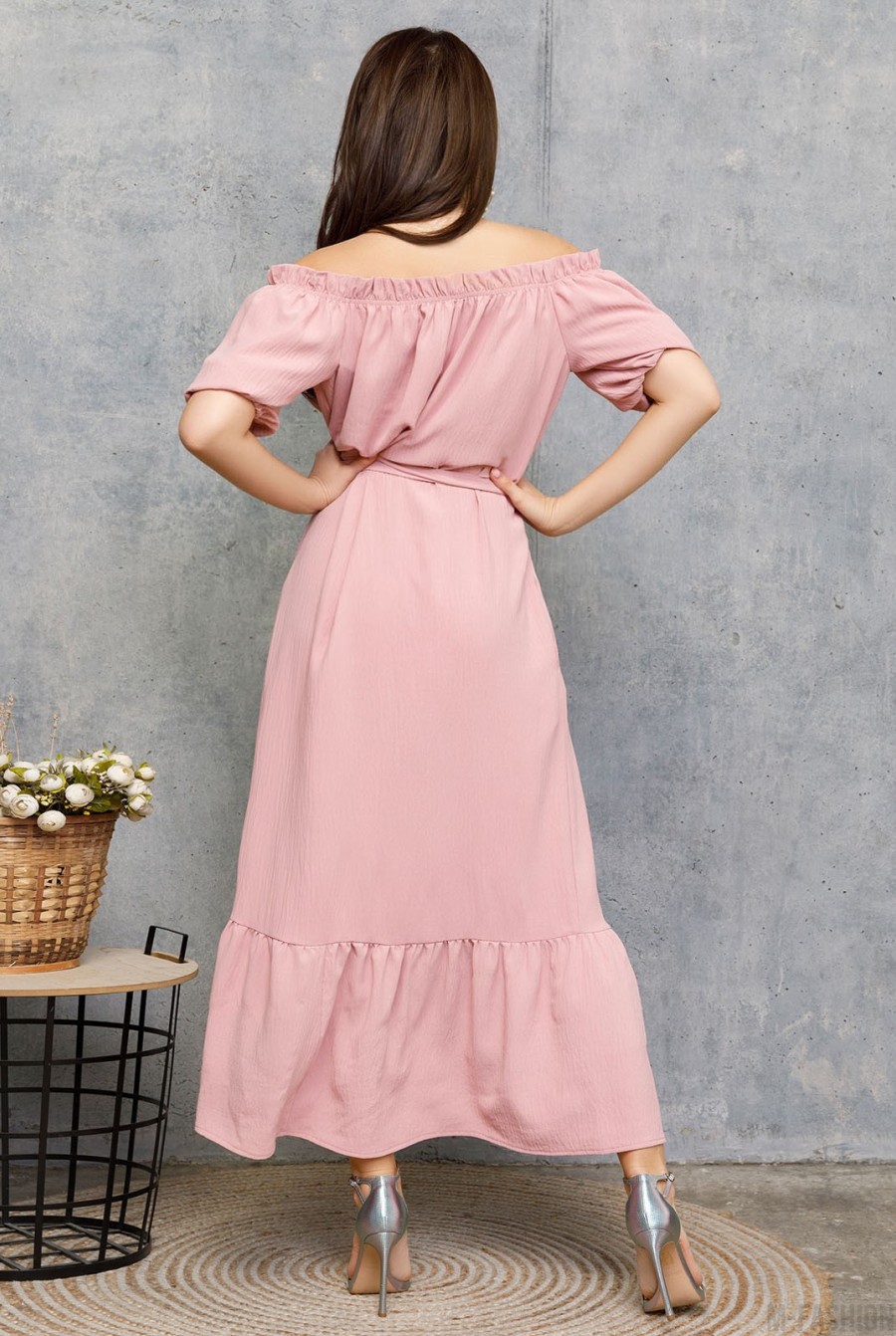 Розовое креповое платье на пуговицах с воланом- Фото 2