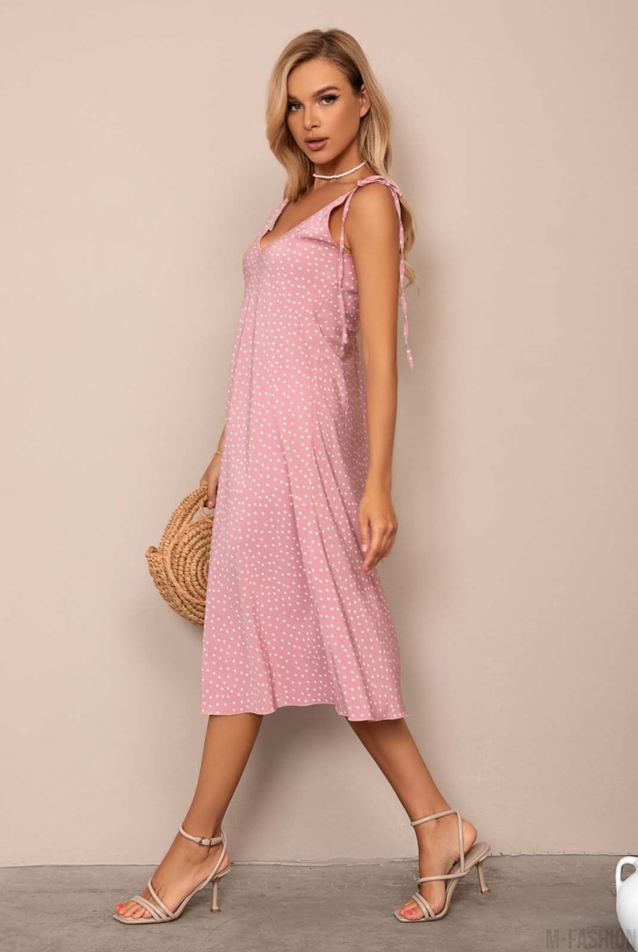 Розовое в горох платье в бельевом стиле- Фото 2