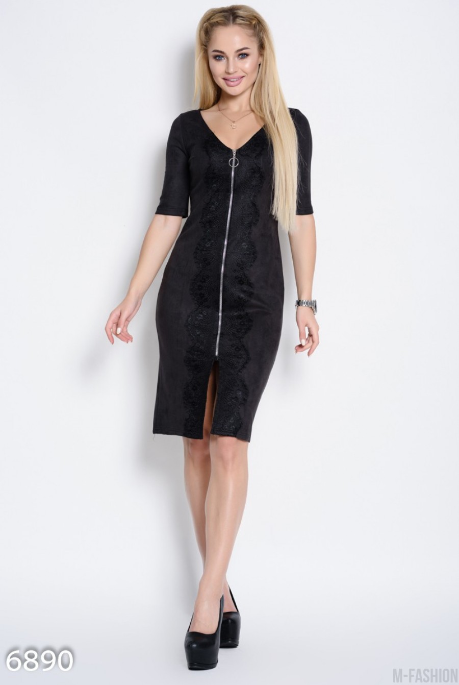 Черное замшевое платье футляр с длинной молнией и кружевом- Фото 2