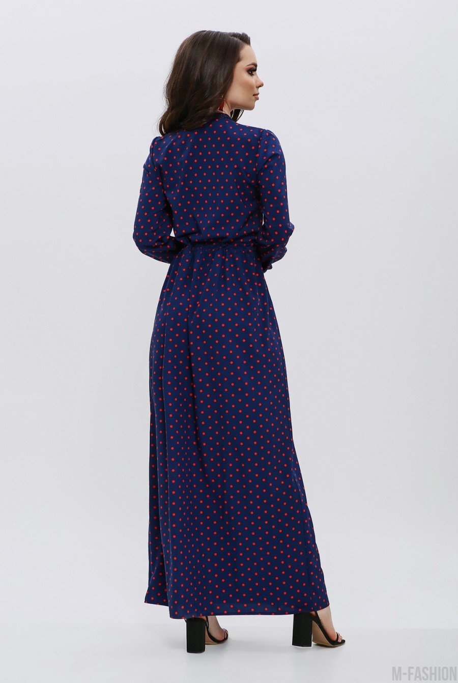 Синее длинное платье с красным комбинированным горошком- Фото 6