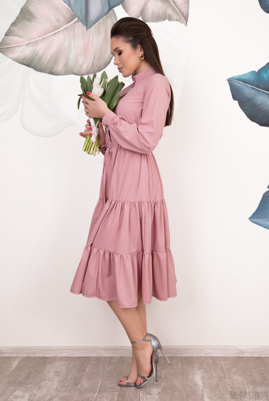 Розовое расклешенное платье с воланами- Фото 2