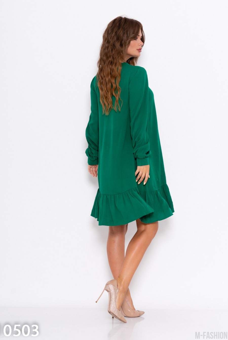 Зеленое крепдешиновое платье с воланом- Фото 3