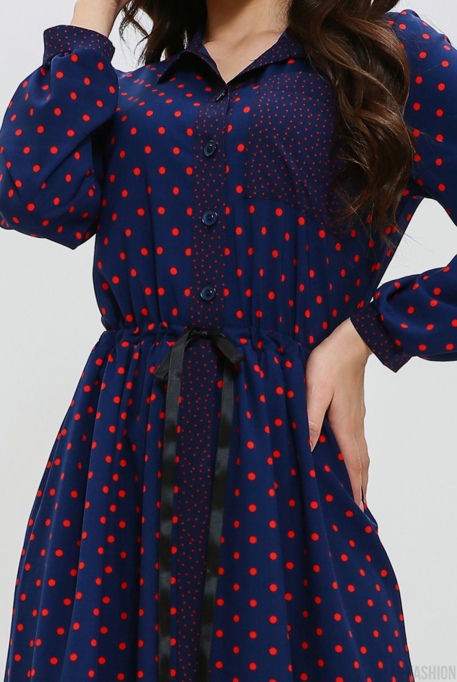 Синее длинное платье с красным комбинированным горошком- Фото 8