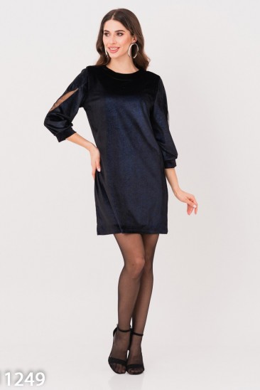 Черно-синее велюровое платье с сетчатыми вставками