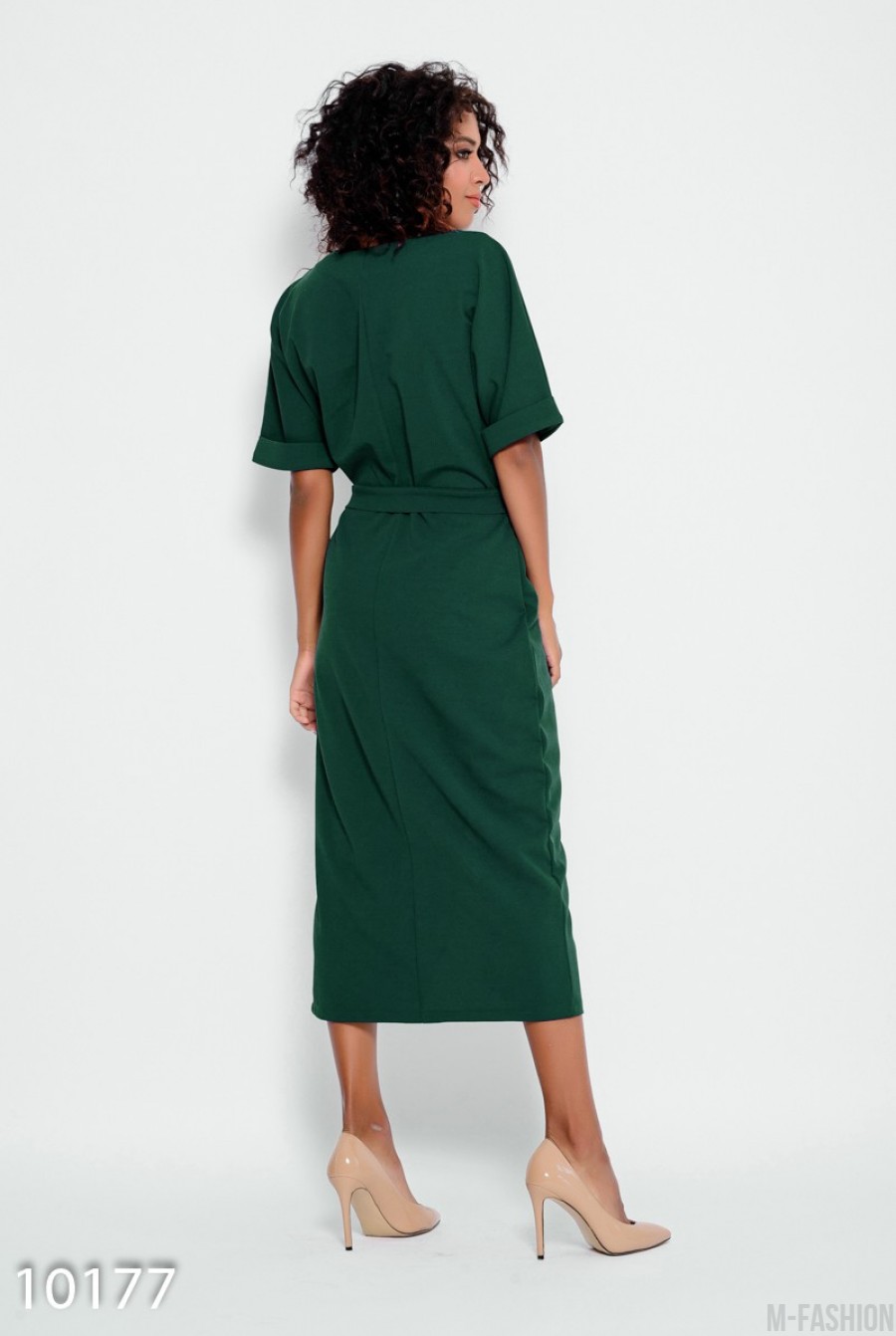 Зеленое классическое платье с короткими рукавами- Фото 5