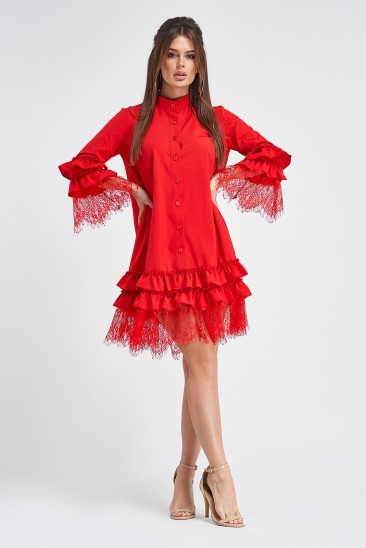 Красное платье-трапеция с планкой на пуговицах