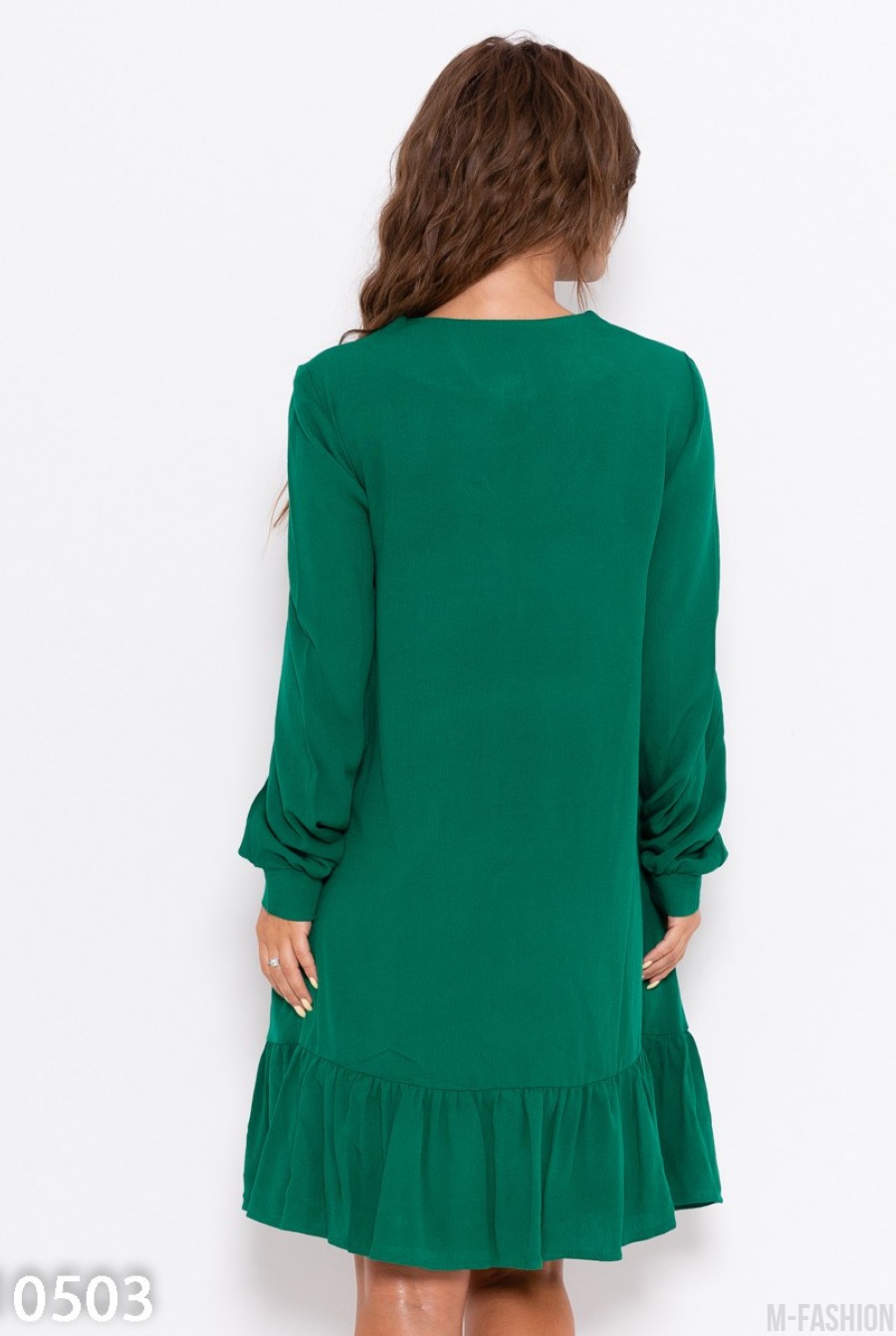 Зеленое крепдешиновое платье с воланом- Фото 5