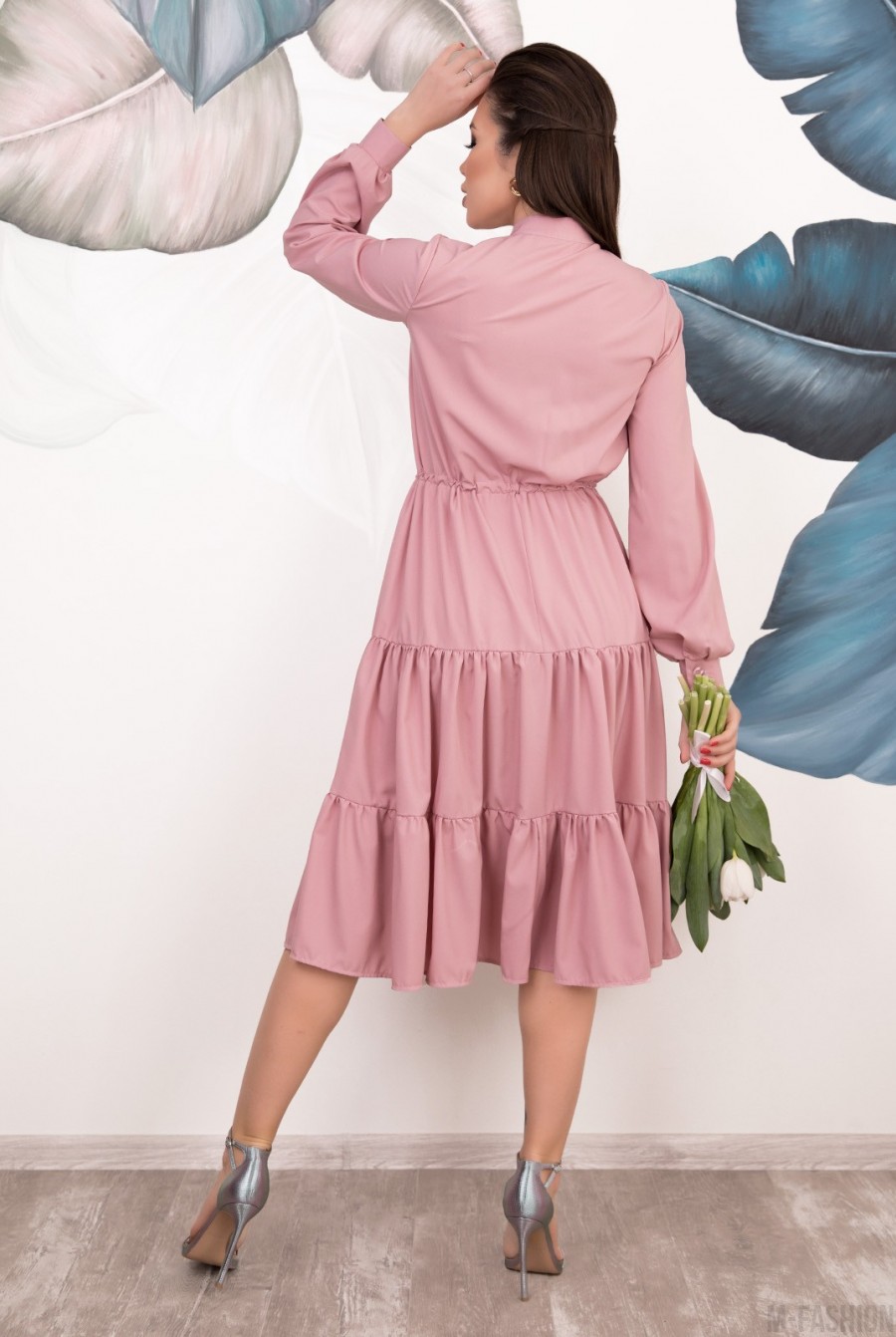 Розовое расклешенное платье с воланами- Фото 3