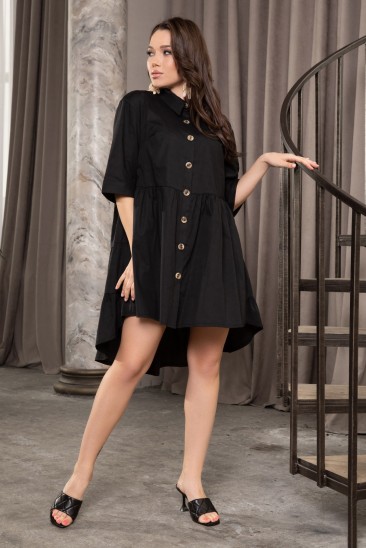 Черное коттоновое асимметричное платье-рубашка