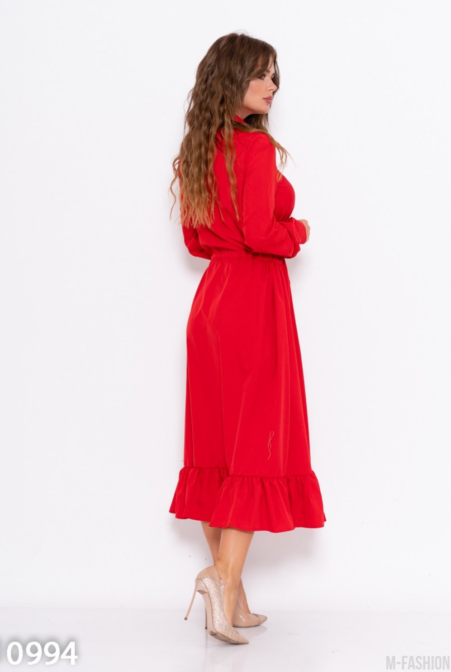 Красное платье на пуговицах приталенное кулиской- Фото 3