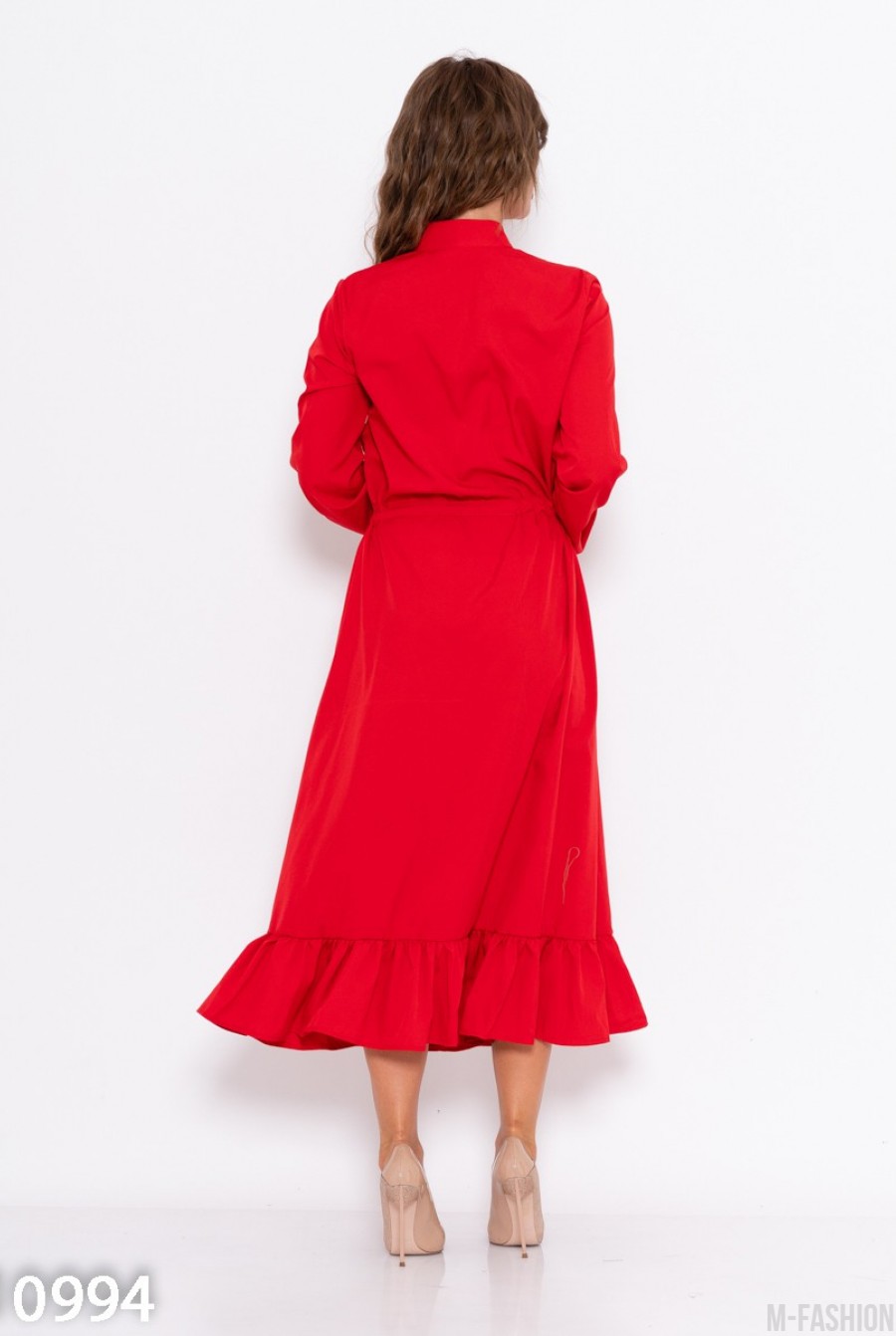 Красное платье на пуговицах приталенное кулиской- Фото 5