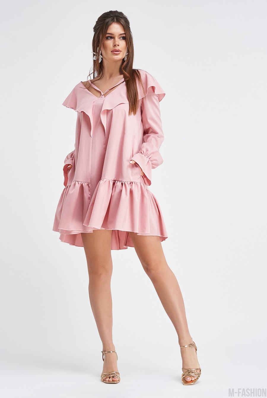 Розовое свободное платье с воланами - Фото 1