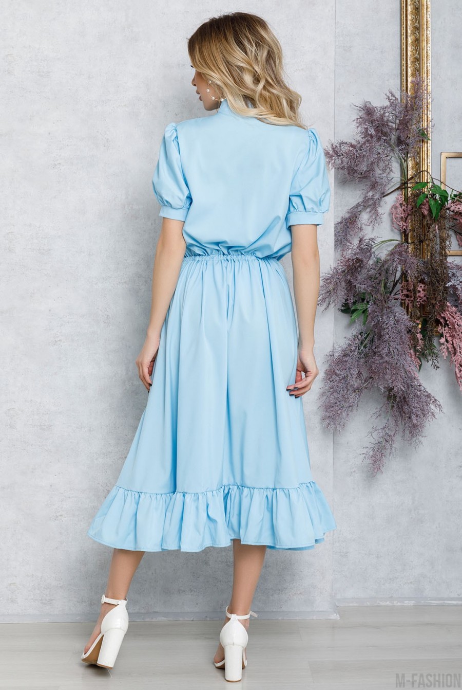 Голубое платье-рубашка с кулиской и воланом- Фото 3