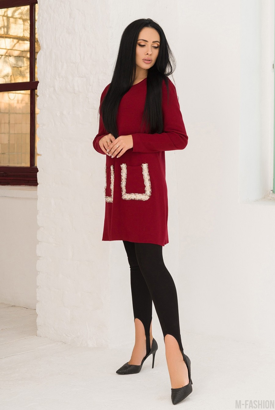 Бордовое шерстяное платье с накладными карманами- Фото 2