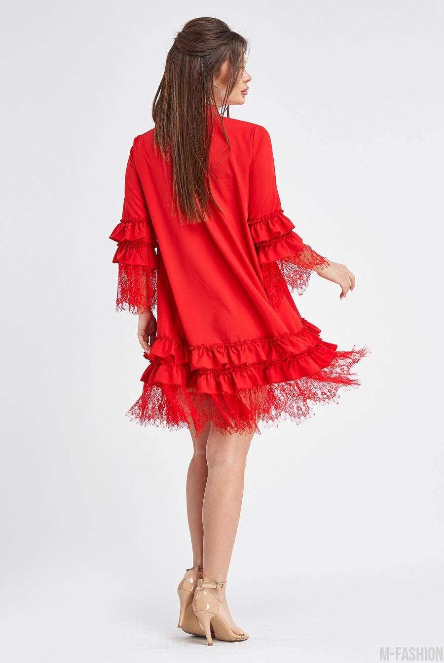 Красное платье-трапеция с планкой на пуговицах- Фото 3