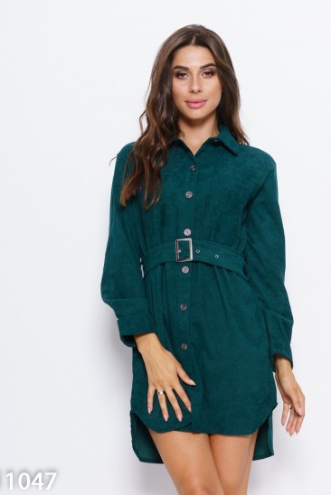 Зеленое вельветовое асимметричное платье-рубашка