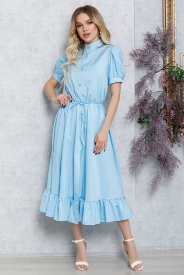 Голубое платье-рубашка с кулиской и воланом