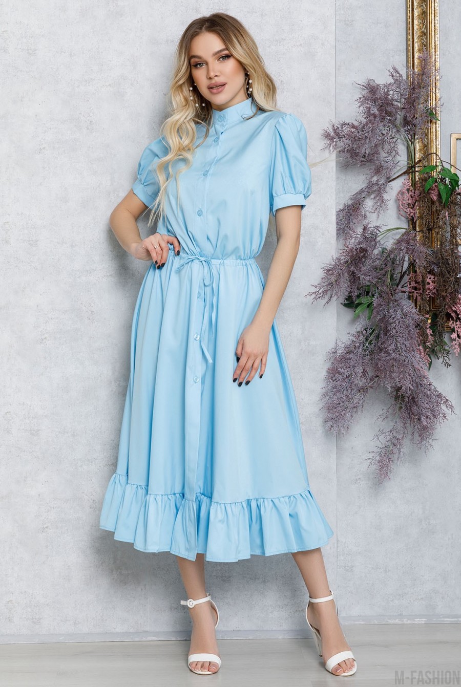 Голубое платье-рубашка с кулиской и воланом - Фото 1