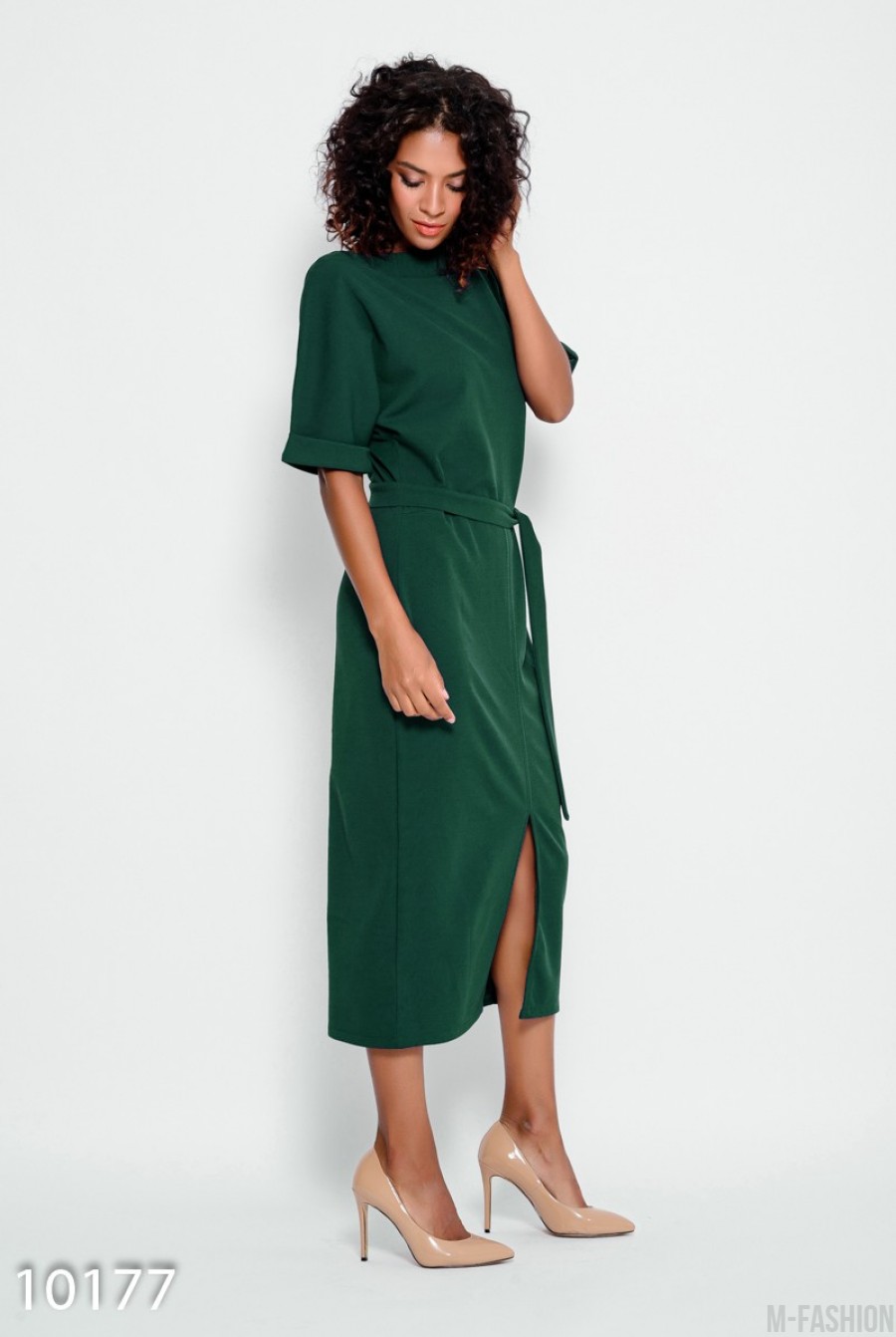 Зеленое классическое платье с короткими рукавами- Фото 3