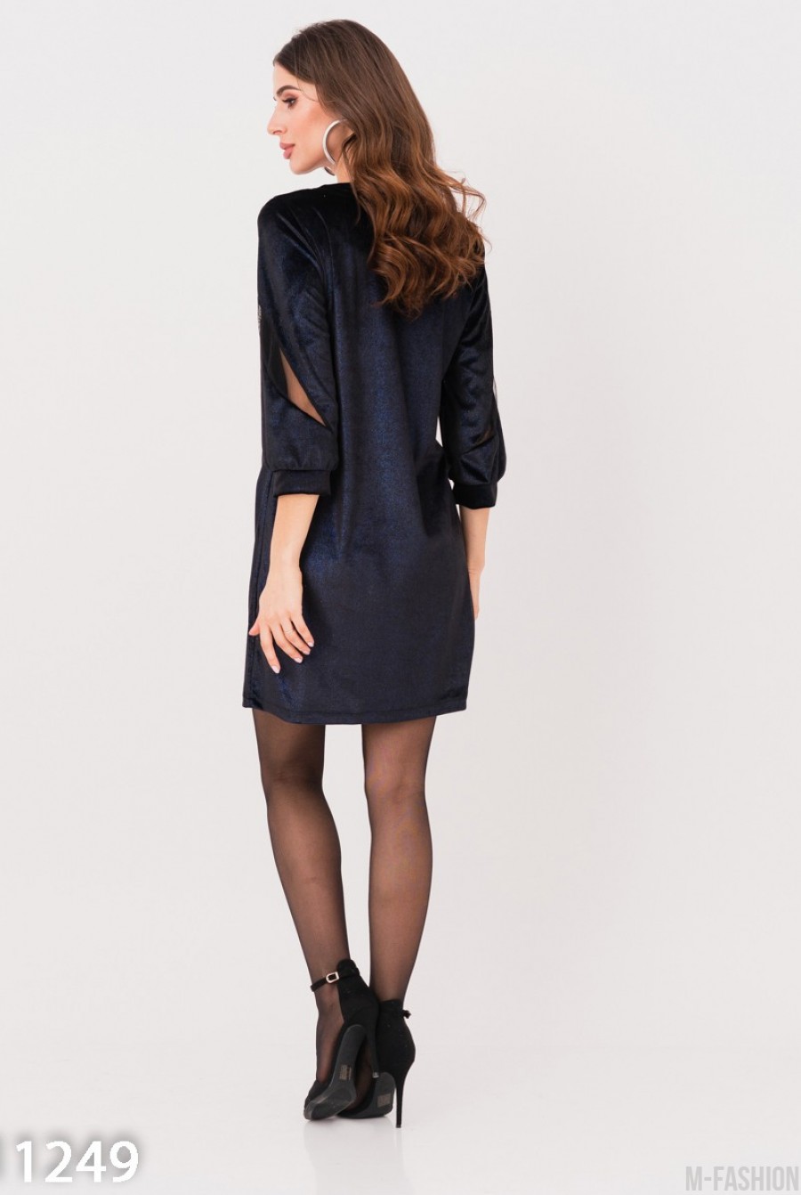 Черно-синее велюровое платье с сетчатыми вставками- Фото 3