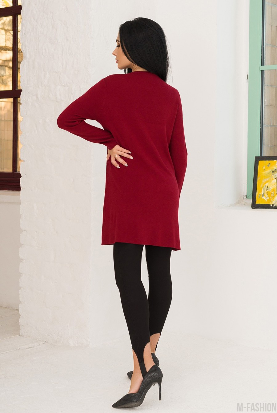 Бордовое шерстяное платье с накладными карманами- Фото 3