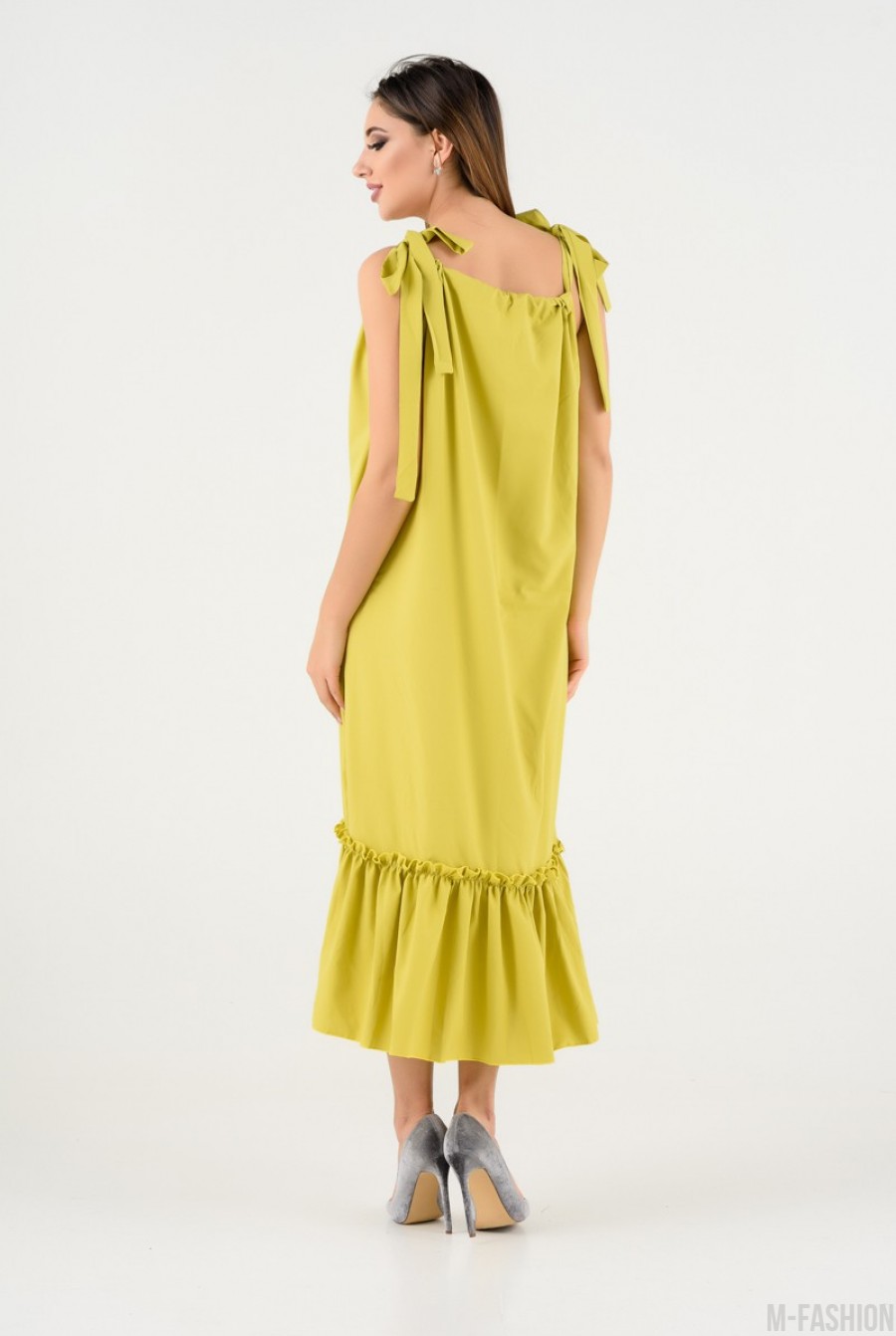 Оливковое летнее коттоновое платье на шлейках- Фото 4