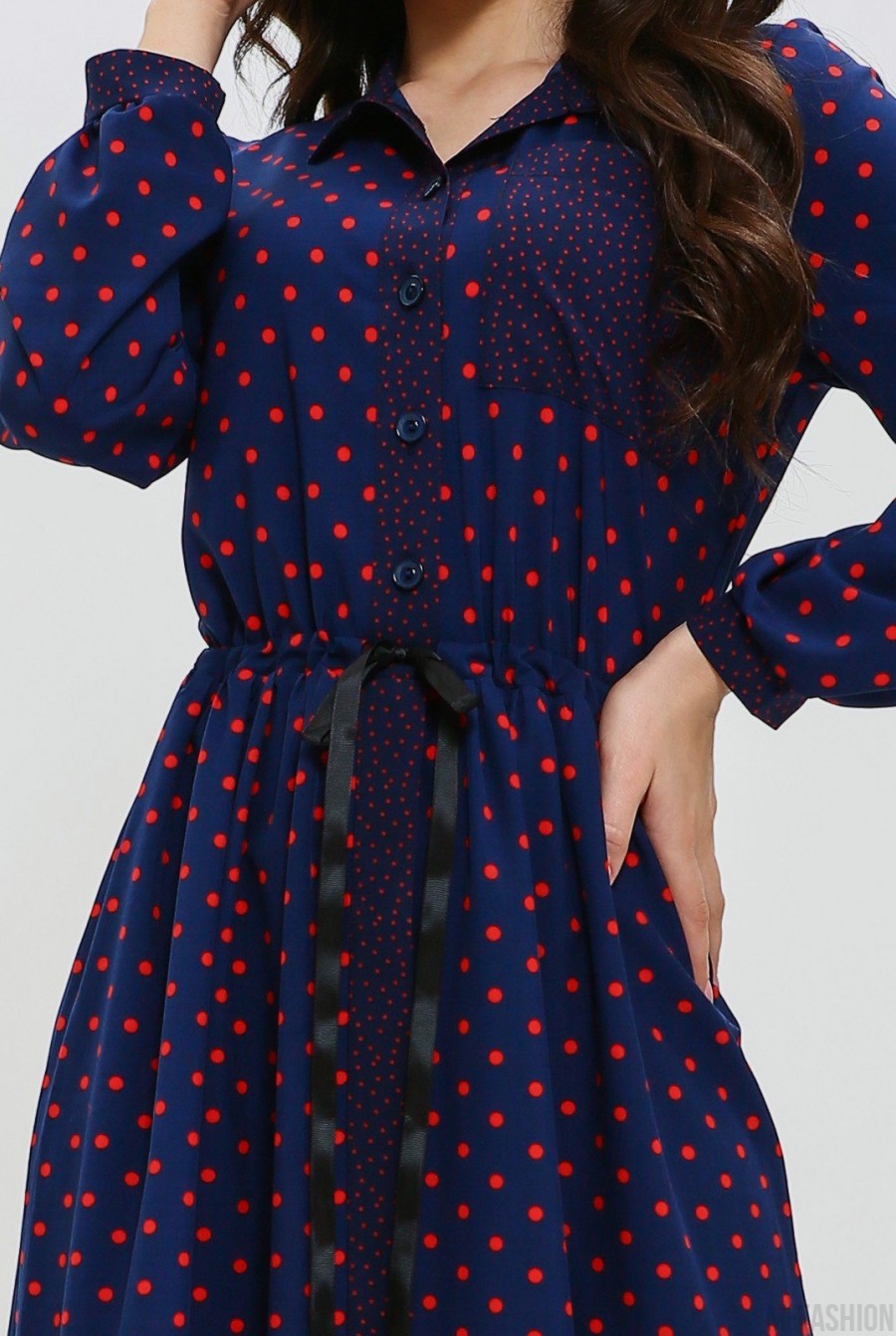 Синее длинное платье с красным комбинированным горошком- Фото 7