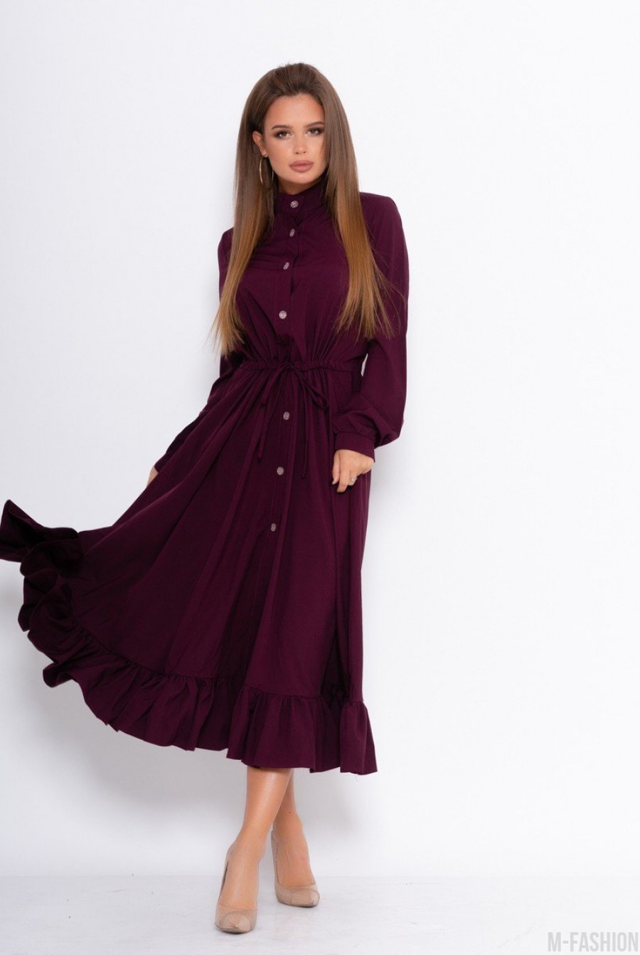 Фиолетовое платье на пуговицах с кулиской - Фото 1