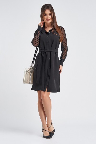 Черное платье-рубашка с сетчатыми вставками
