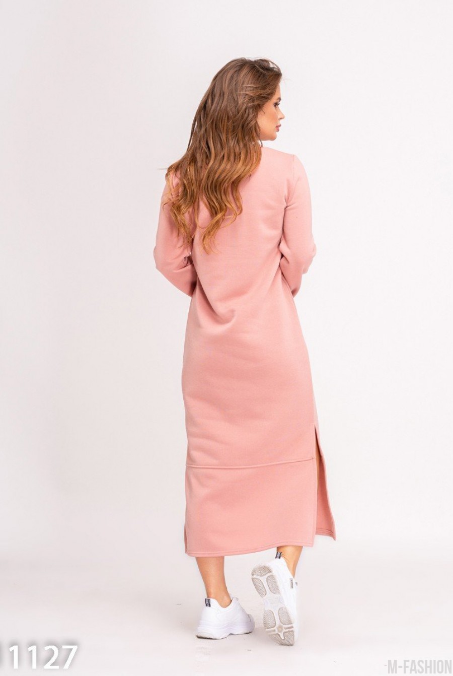 Розовое удлиненное платье утепленное флисом- Фото 2