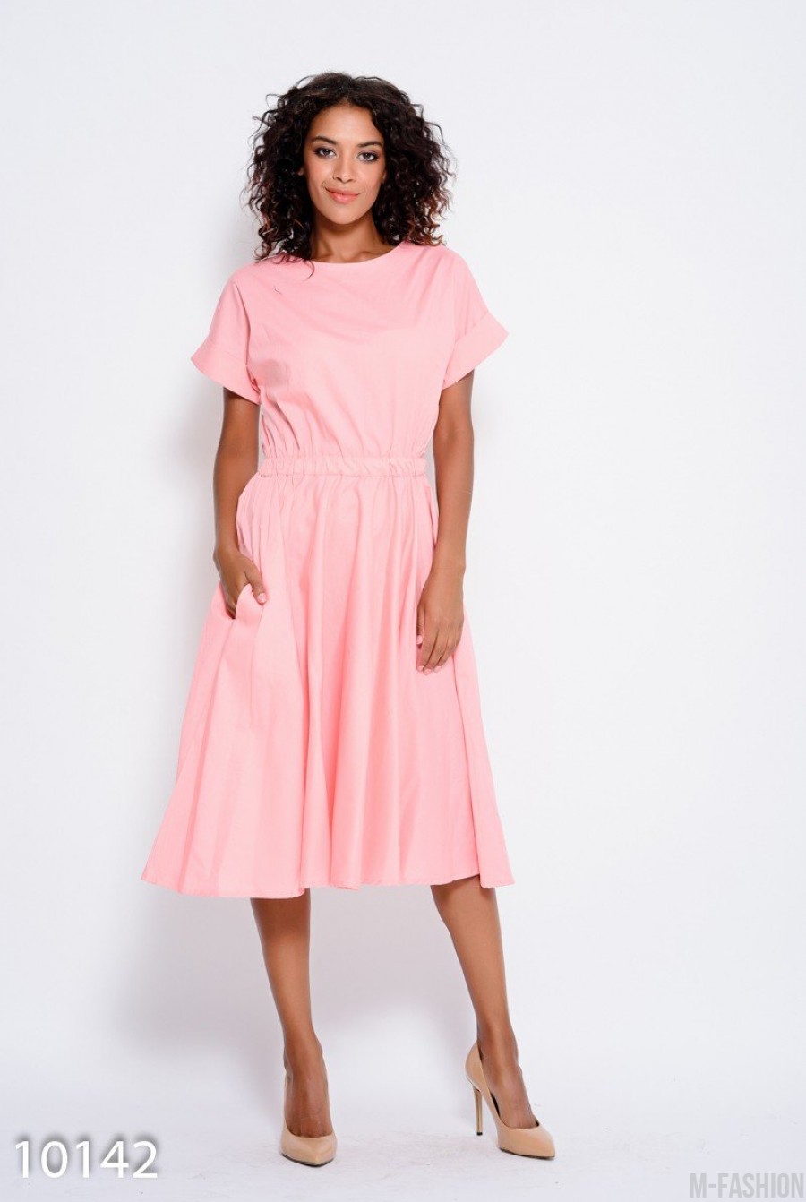 Розовое платье из стрейч коттона с кулиской на талии и карманами - Фото 1