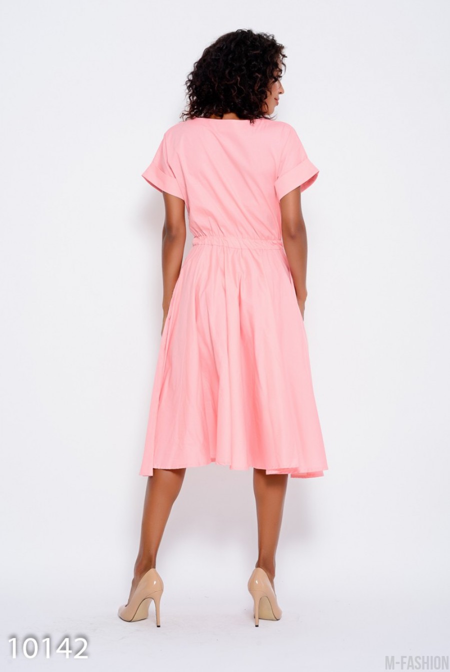 Розовое платье из стрейч коттона с кулиской на талии и карманами- Фото 3