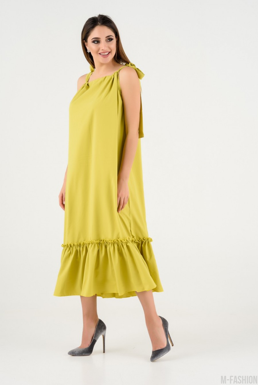Оливковое летнее коттоновое платье на шлейках- Фото 2