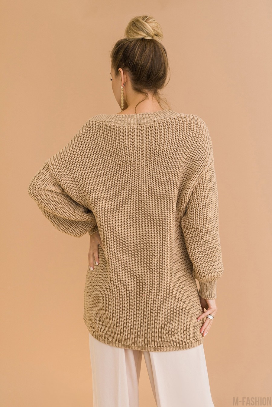Бежевое шерстяное платье-свитер крупной вязки- Фото 3