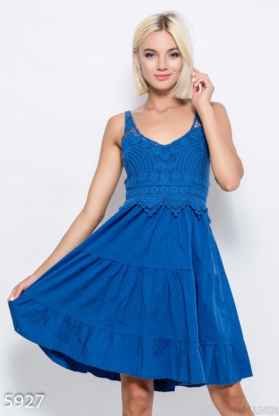 Летнее синее коттоновое платье с воланами, завязкой на спине и лифом-мулине - Фото 1