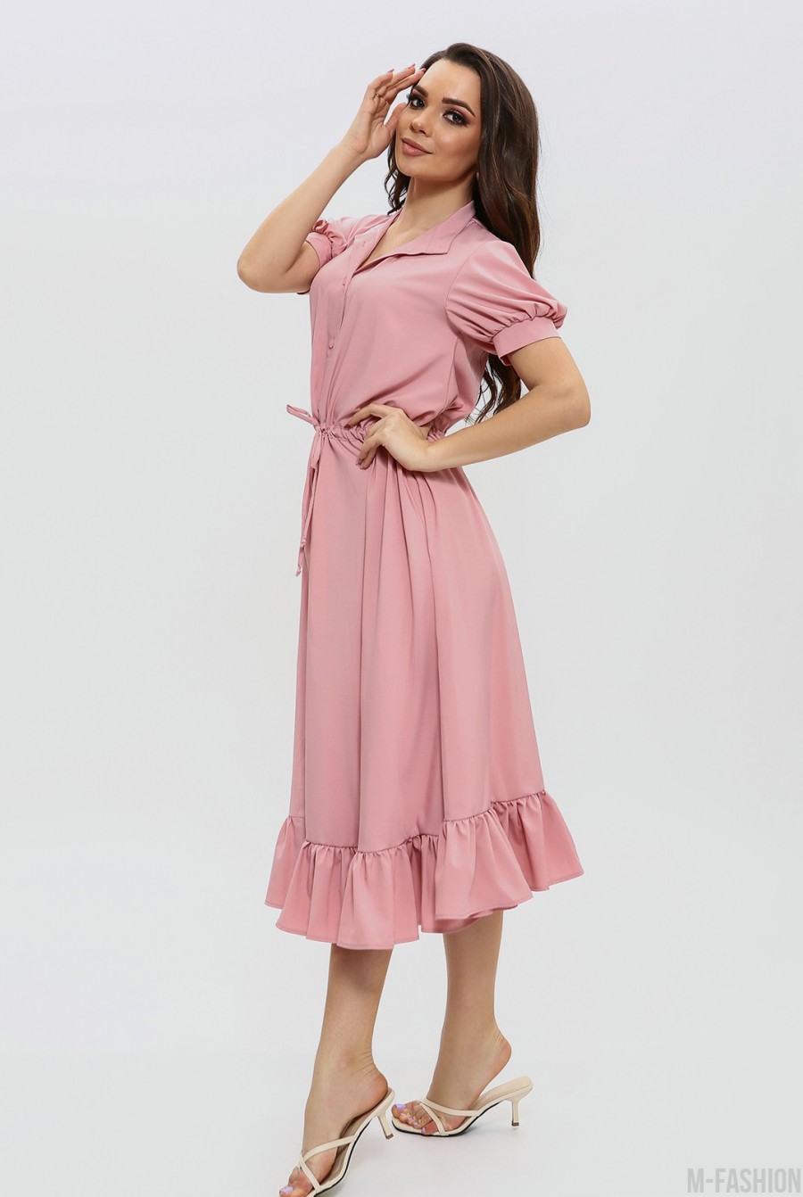 Розовое приталенное платье на пуговицах- Фото 6