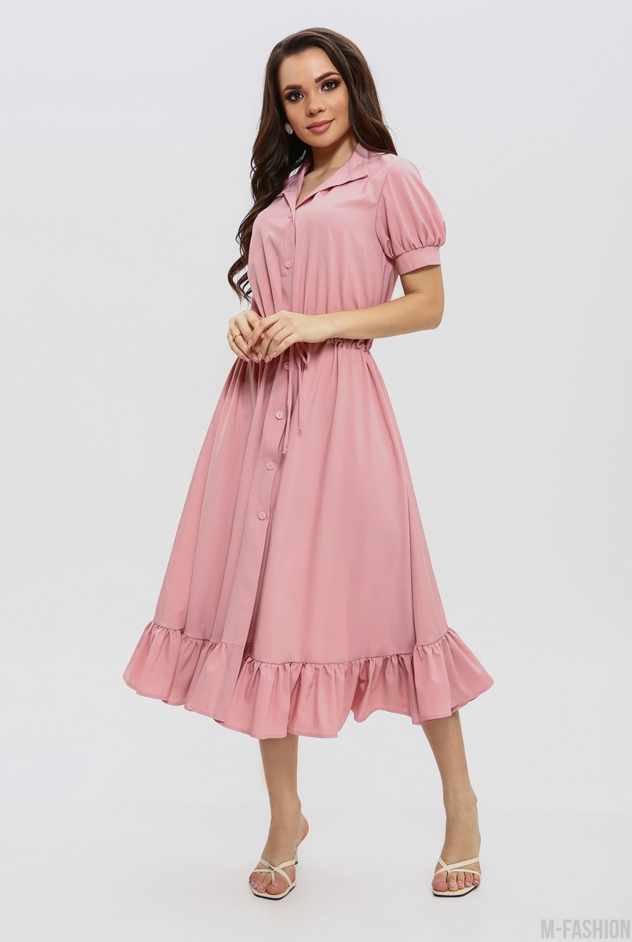 Розовое приталенное платье на пуговицах- Фото 4