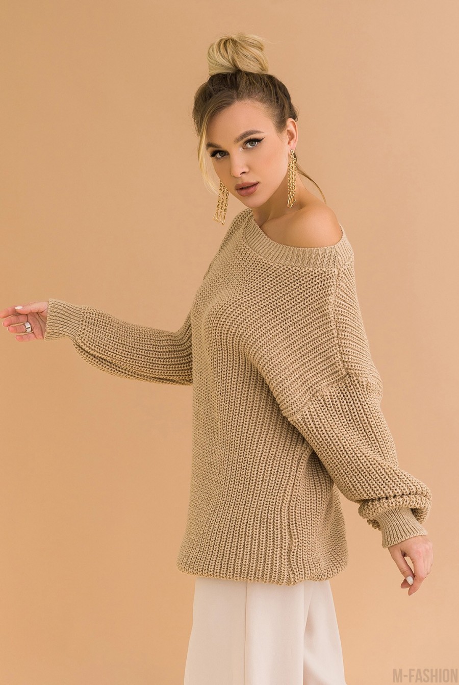 Бежевое шерстяное платье-свитер крупной вязки- Фото 2
